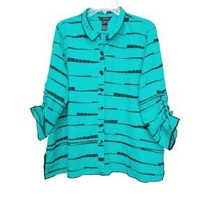 Ali Miles Green Ruched Sleeve Wire Collar Button-Up Tunic Size Large